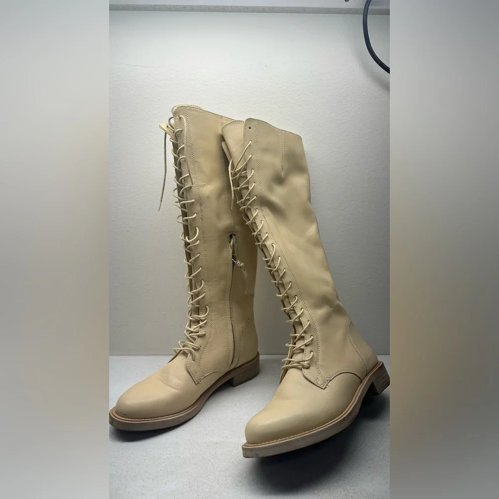 Sam Edelman Nance Lace Up Knee-High Boots, Cream, Size 7.5
